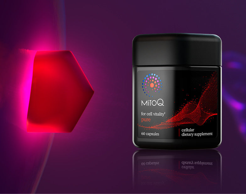 A black jar of MitoQ Pure on a dark purple background with a glowing red geometric shape on the left.