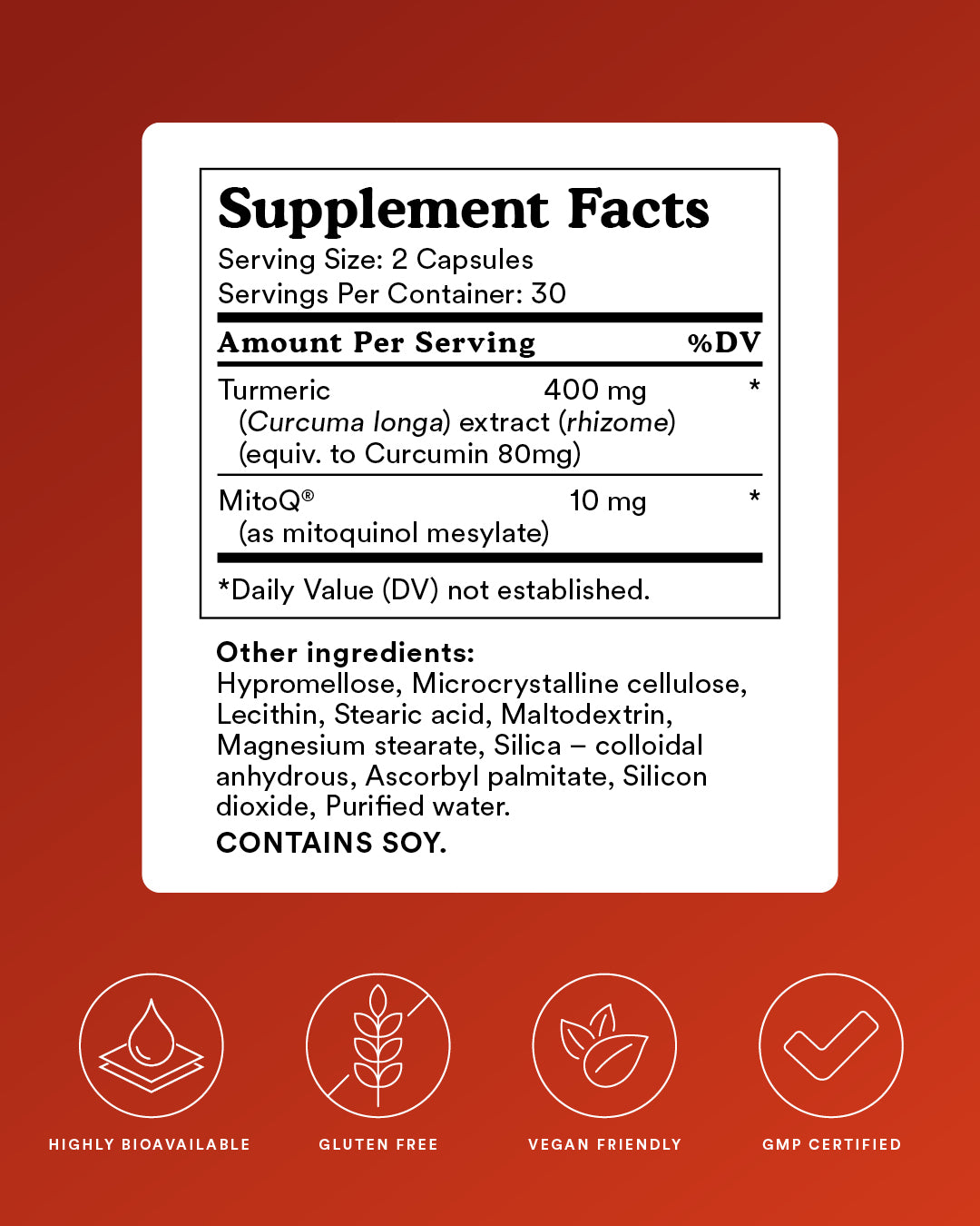 MitoQ curcumin supplement facts label on a red background with icons indicating bioavailability, gluten-free, vegan friendly, and GMP certified.