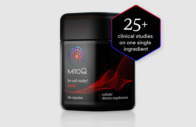 A black jar of MitoQ Pure with a black cap, featuring a red and blue logo and text. A purple and black hexagonal badge on the top right reads '25+ clinical studies on one single ingredient'.