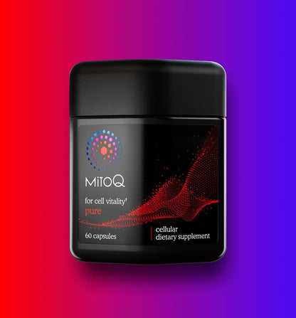 MitoQ pure supplement container on a gradient red to purple background